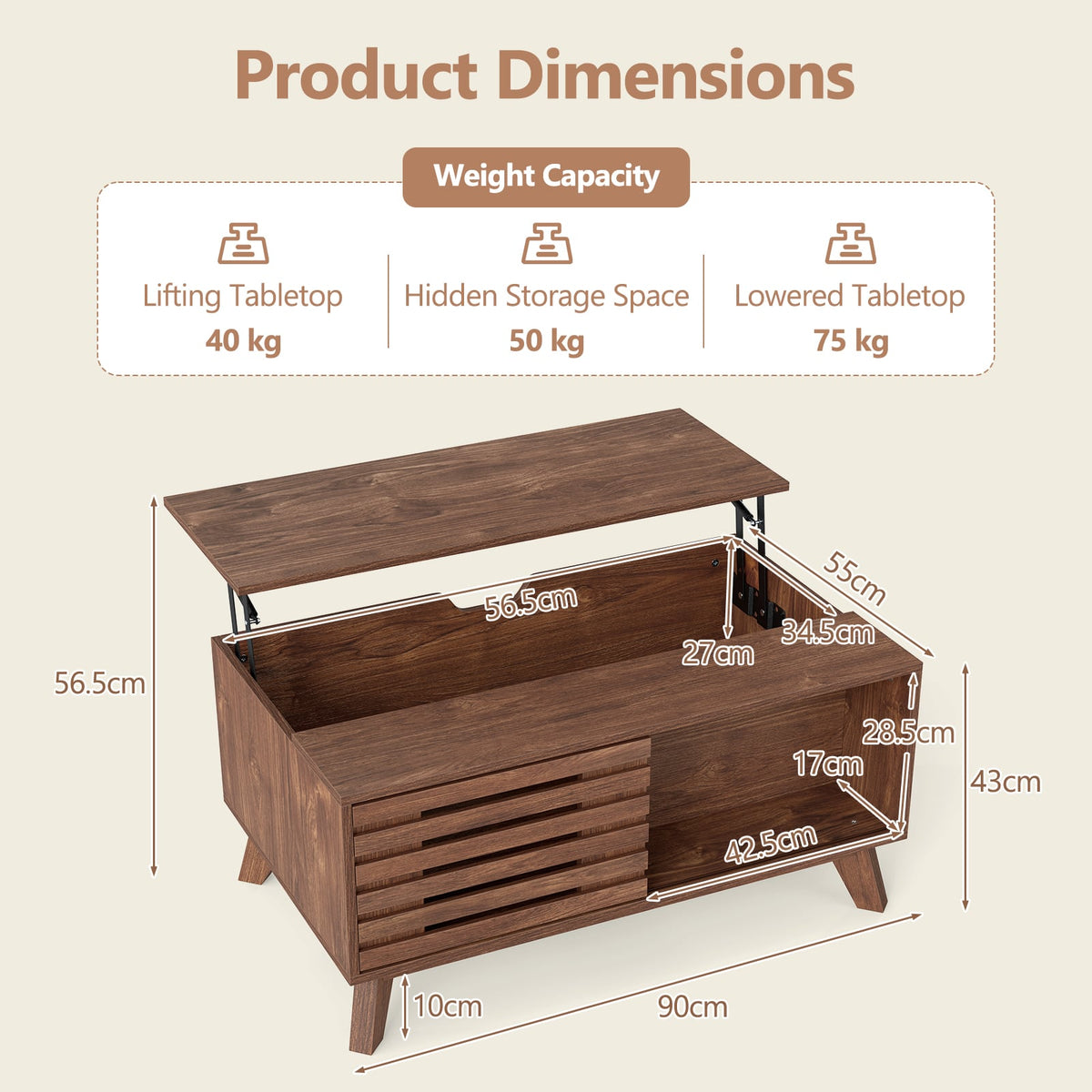 Lift Top Coffee Table with Hidden Compartment for Living Room-Brown