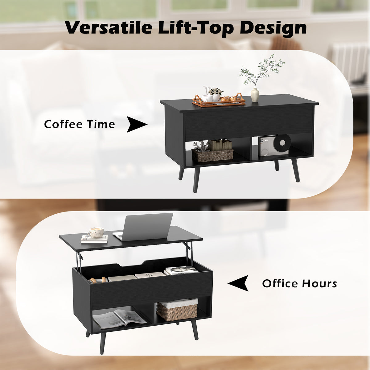 Lift Up Top Coffee Table with Hidden Storage Compartment and Open Shelf-Black