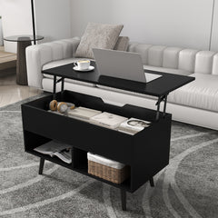 Lift Up Top Coffee Table with Hidden Storage Compartment and Open Shelf-Black