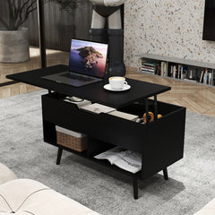 Lift Up Top Coffee Table with Hidden Storage Compartment and Open Shelf-Black