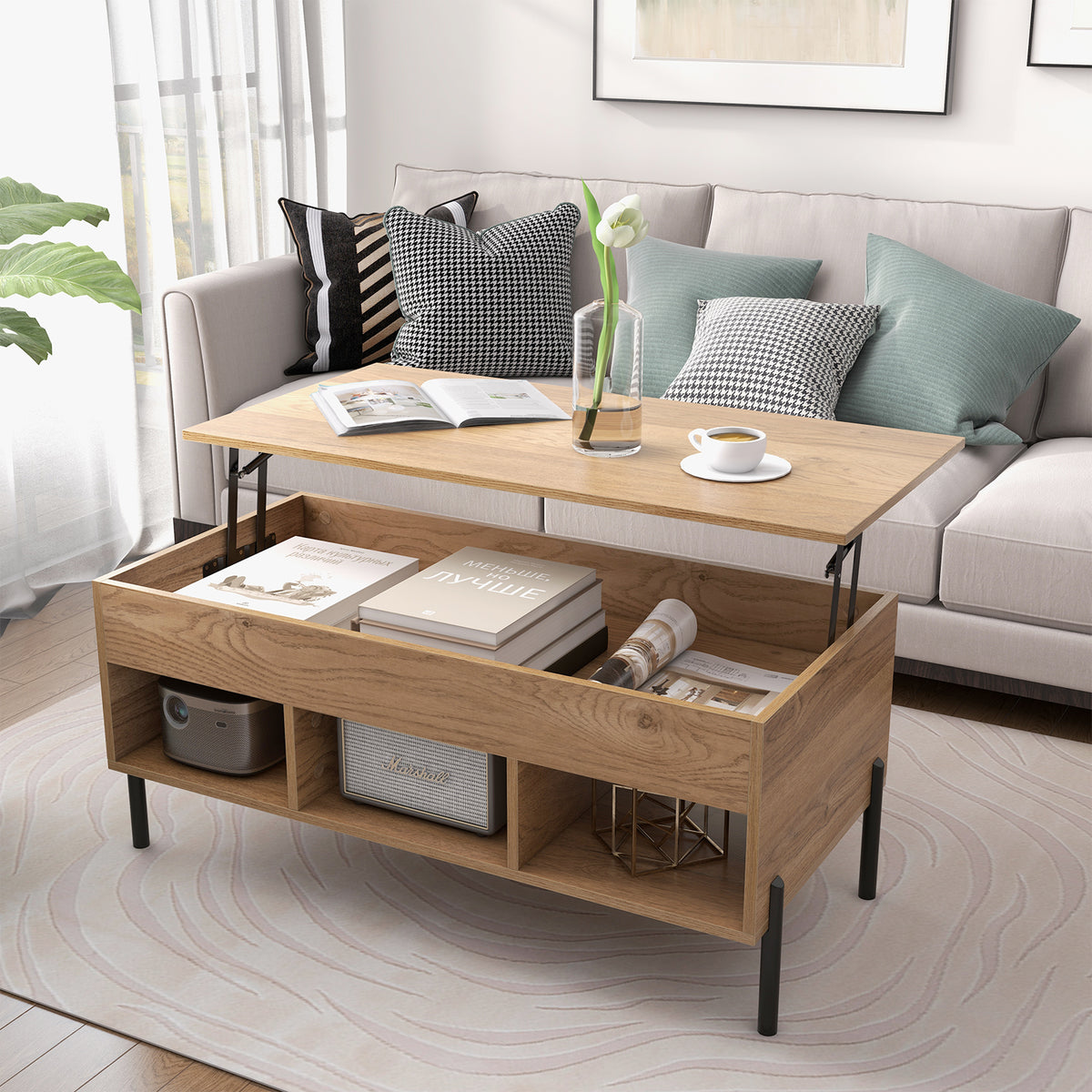 Lift Top Coffee Table with Large Hidden Compartment and 3 Open Cubbies-Natural