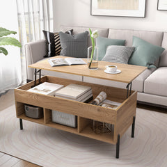Lift Top Coffee Table with Large Hidden Compartment and 3 Open Cubbies-Natural