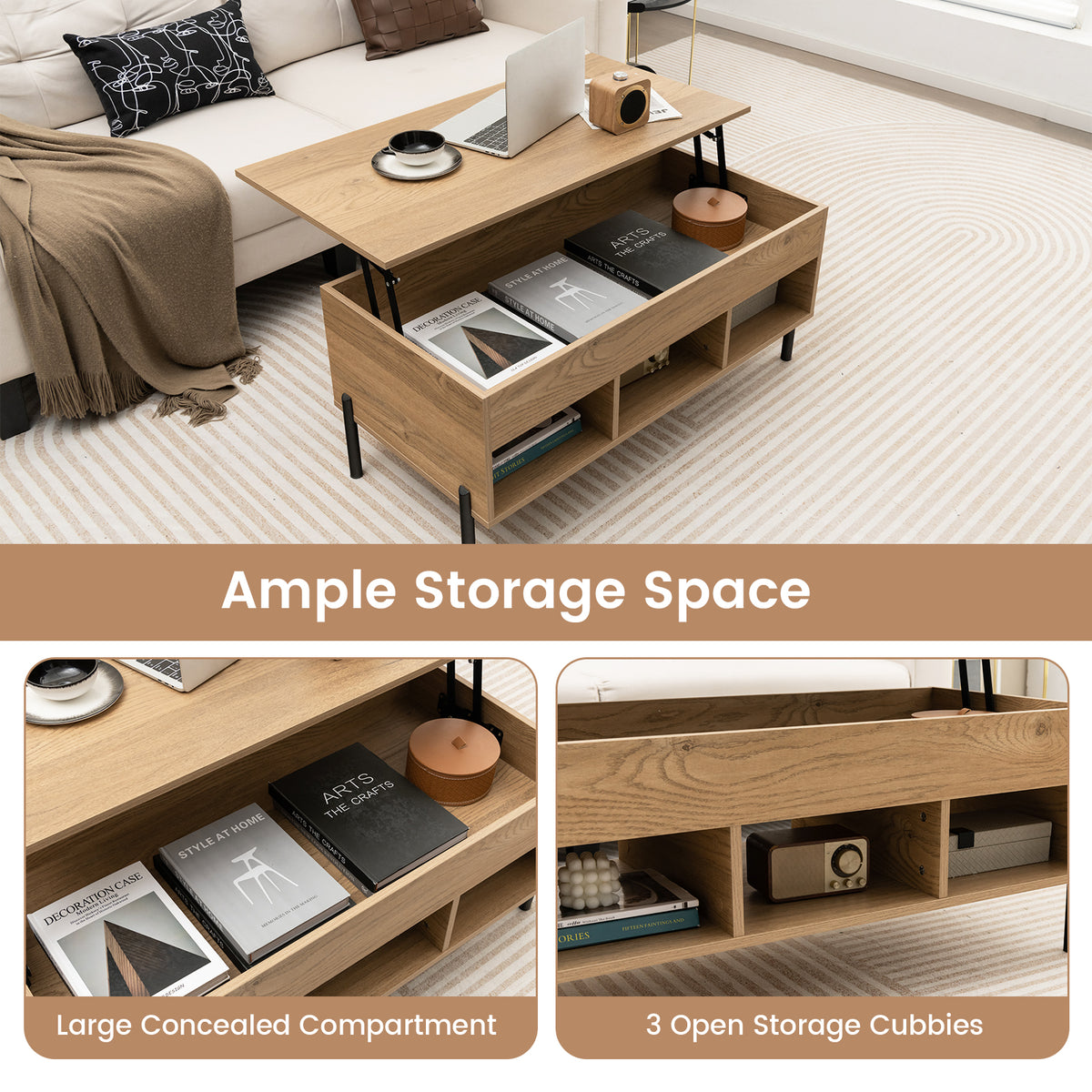 Lift Top Coffee Table with Large Hidden Compartment and 3 Open Cubbies-Natural