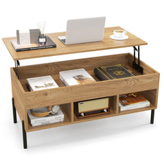 Lift Top Coffee Table with Large Hidden Compartment and 3 Open Cubbies-Natural