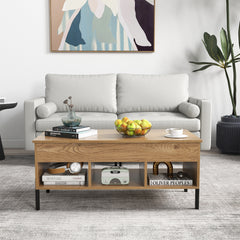 Lift Top Coffee Table with Large Hidden Compartment and 3 Open Cubbies-Natural