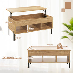 Lift Top Coffee Table with Large Hidden Compartment and 3 Open Cubbies-Natural
