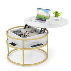 80cm Lift Top Coffee Table with Hidden Compartment and Side Shelves-White
