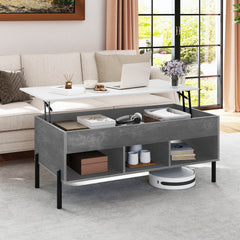 Lift Top Coffee Table with Large Hidden Compartment and 3 Open Cubbies-Grey