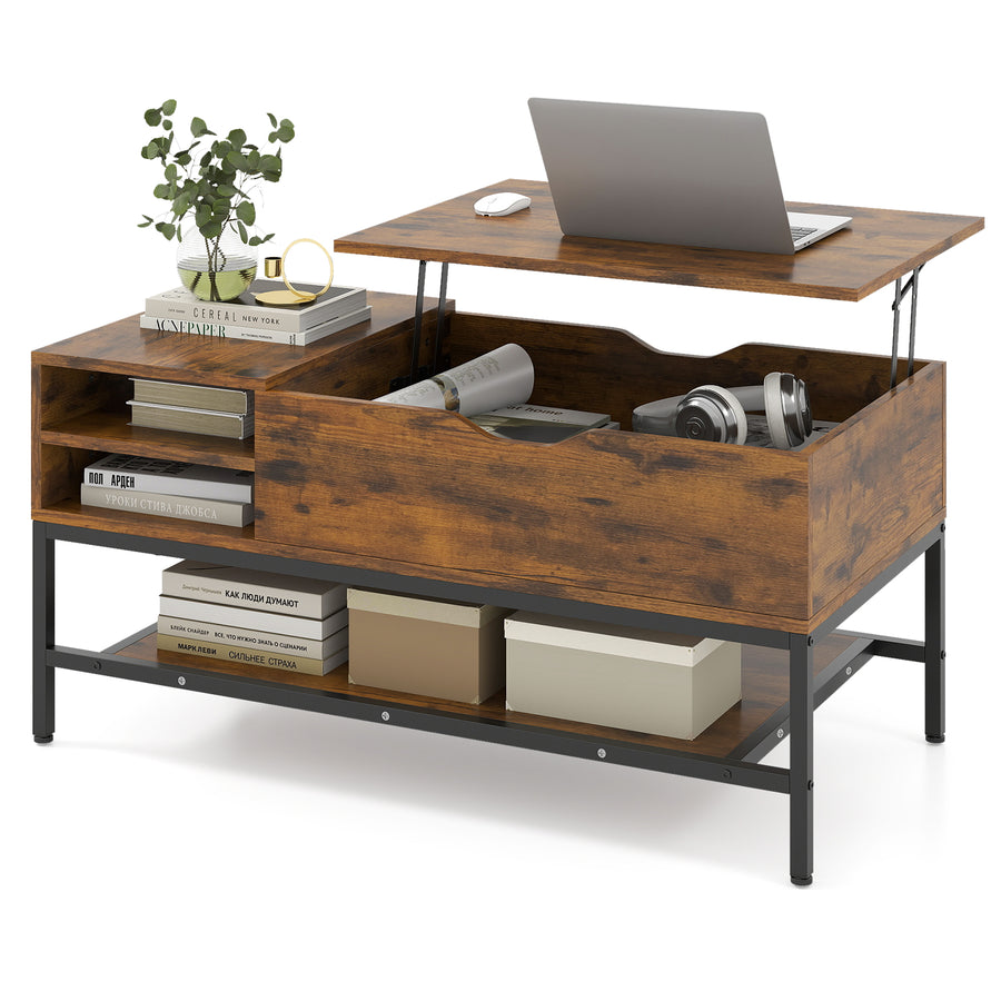 Lift Top Coffee Table with Hidden Compartment and Storage Shelf-Rustic Brown