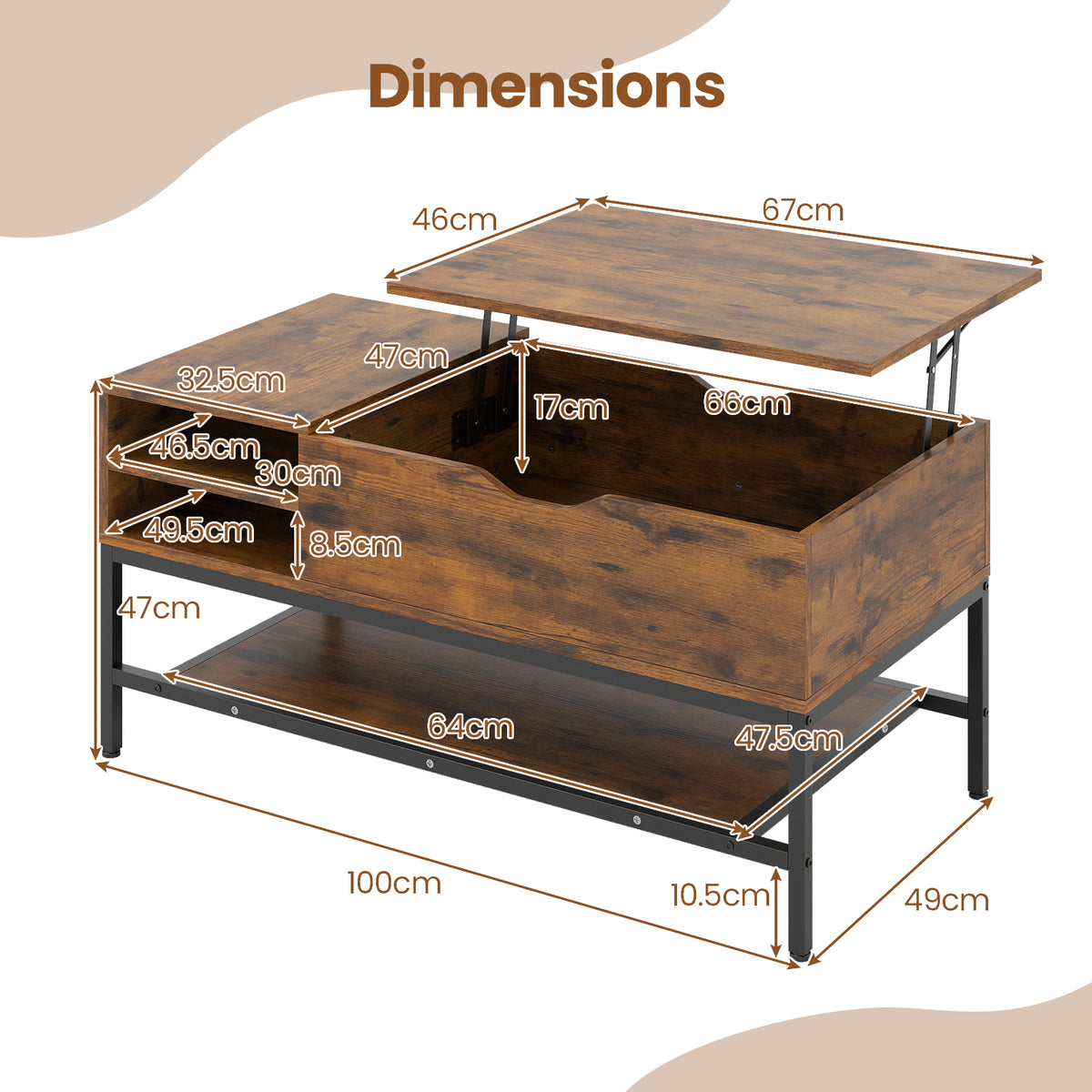 Lift Top Coffee Table with Hidden Compartment and Storage Shelf-Rustic Brown