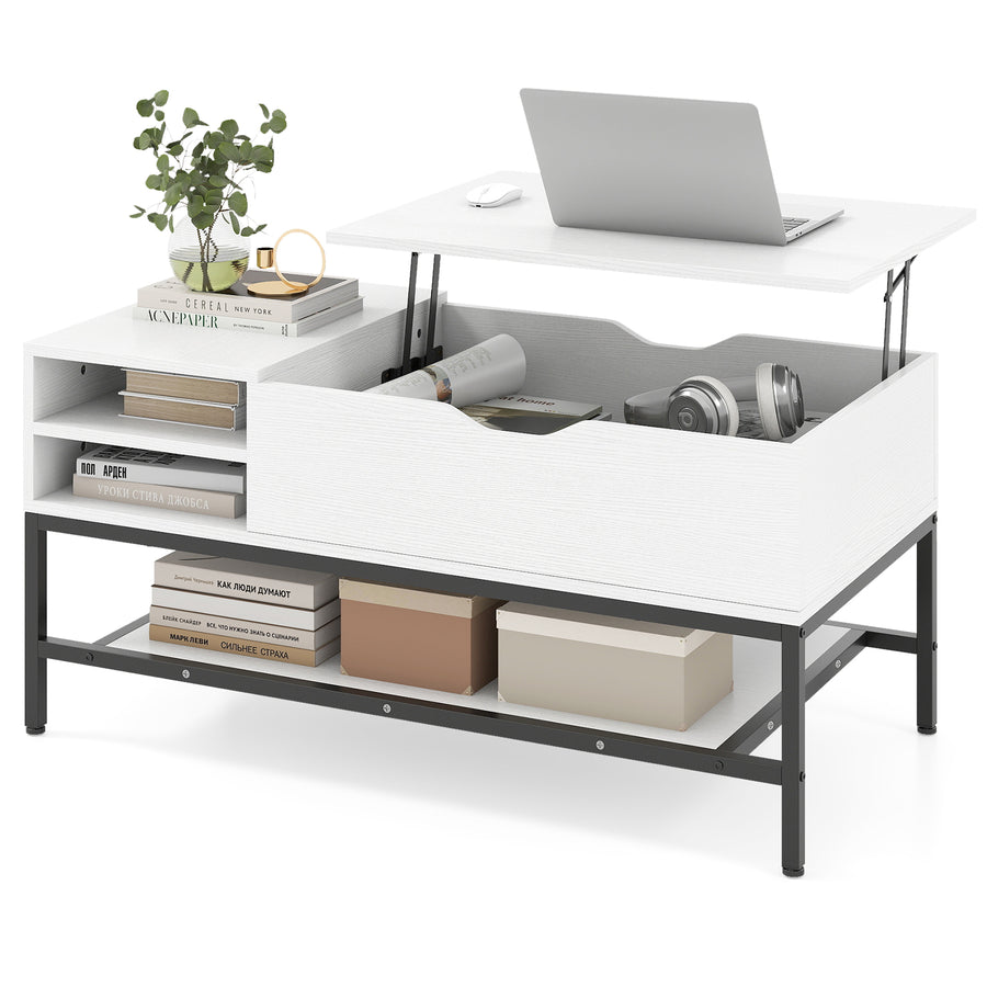 Lift Top Coffee Table with Hidden Compartment and Storage Shelf-White