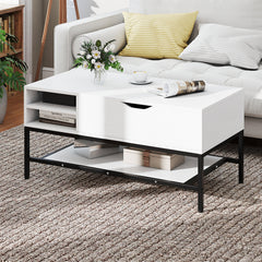 Lift Top Coffee Table with Hidden Compartment and Storage Shelf-White