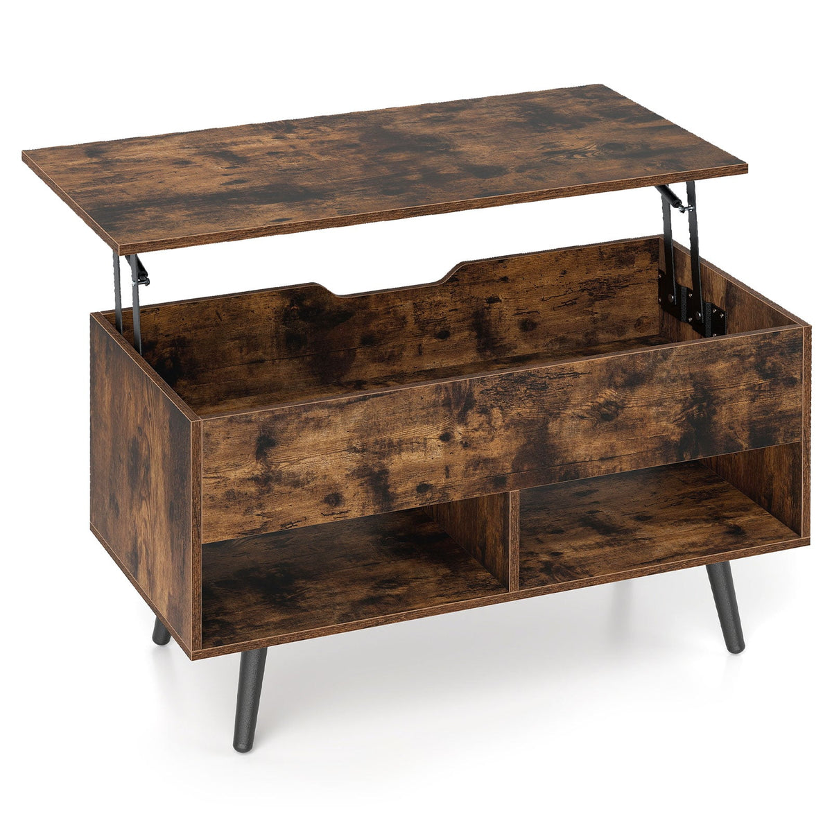 Lift Top Coffee Table with Hidden Compartment and Open Storage Shelves-Rustic Brown