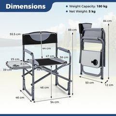 Lightweight Portable Directors Chair with Side Table and Cup Holder-Black