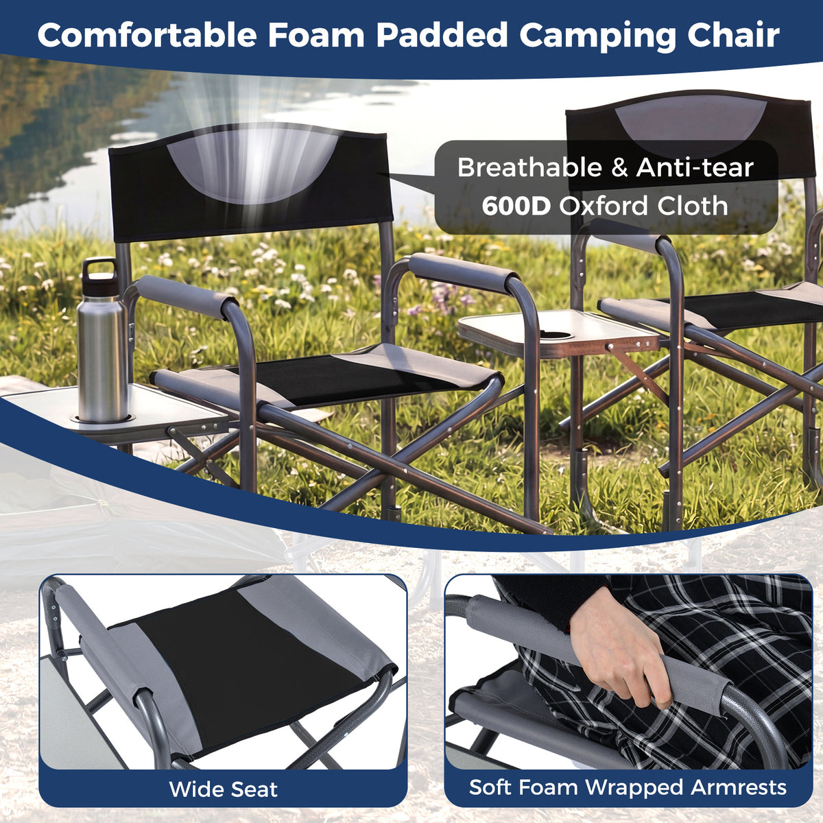 Lightweight Portable Directors Chair with Side Table and Cup Holder-Black