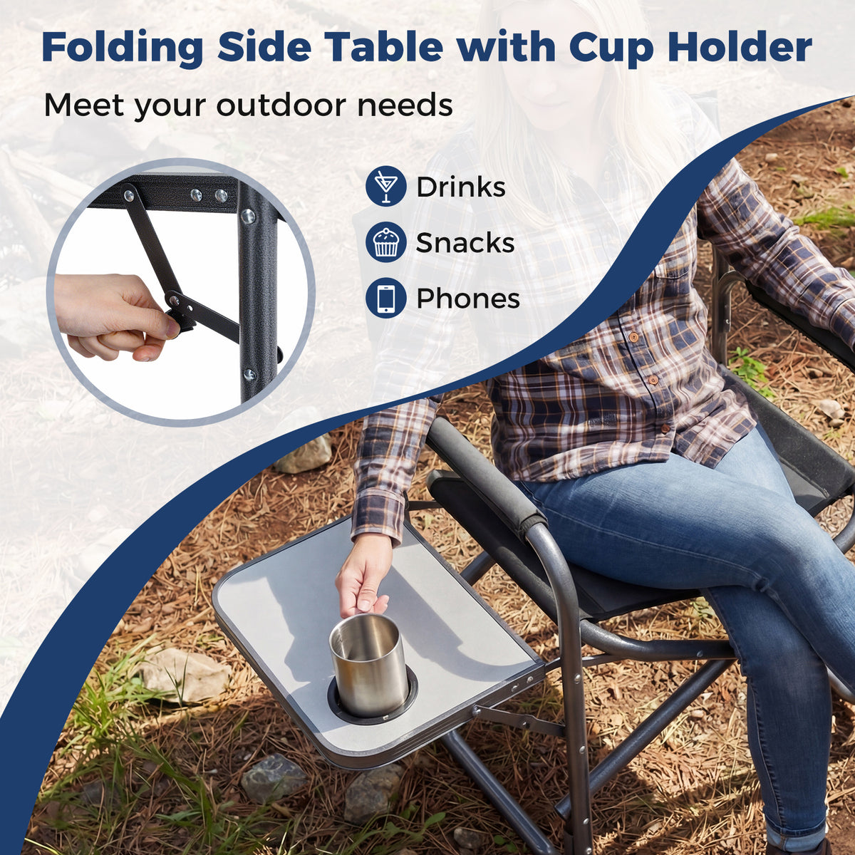 Lightweight Portable Directors Chair with Side Table and Cup Holder-Black