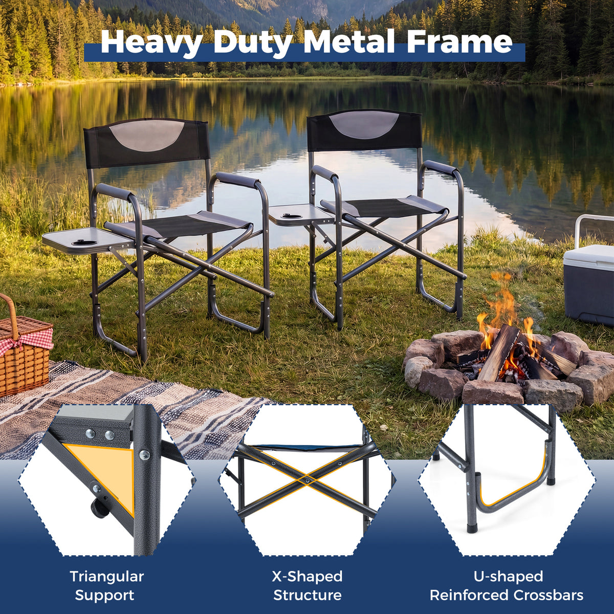 Lightweight Portable Directors Chair with Side Table and Cup Holder-Black
