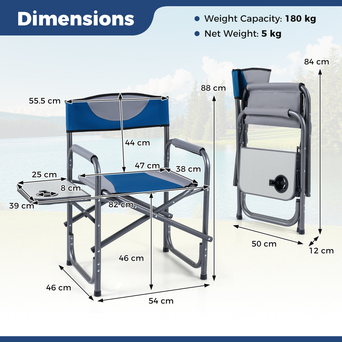 Lightweight Portable Directors Chair with Side Table and Cup Holder-Blue
