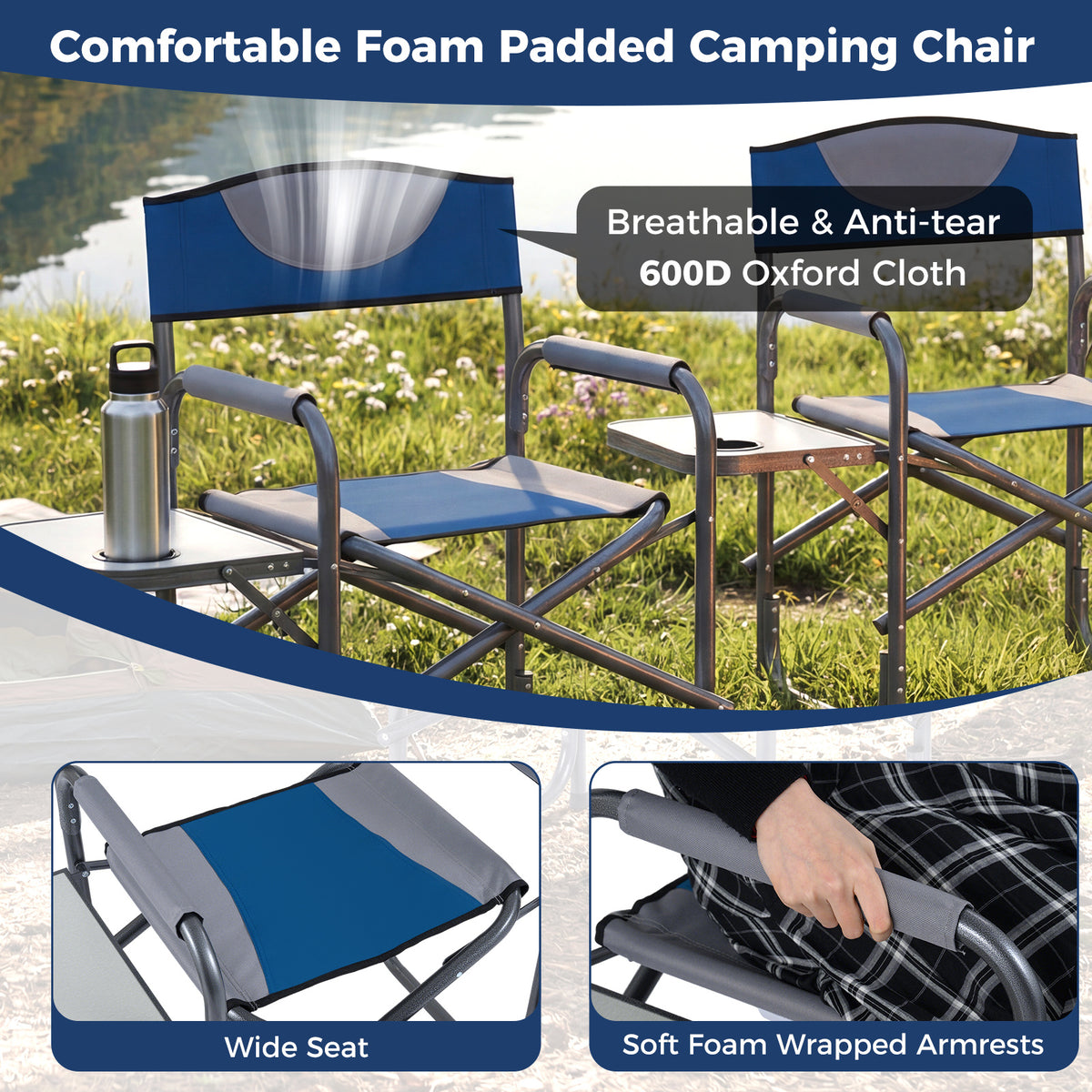 Lightweight Portable Directors Chair with Side Table and Cup Holder-Blue