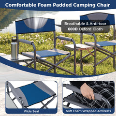 Lightweight Portable Directors Chair with Side Table and Cup Holder-Blue
