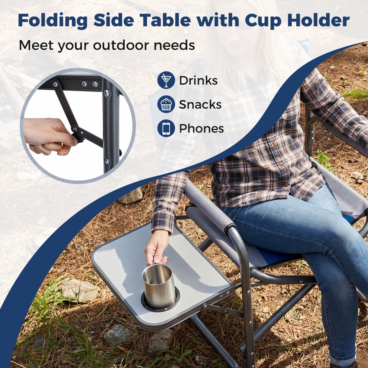 Lightweight Portable Directors Chair with Side Table and Cup Holder-Blue