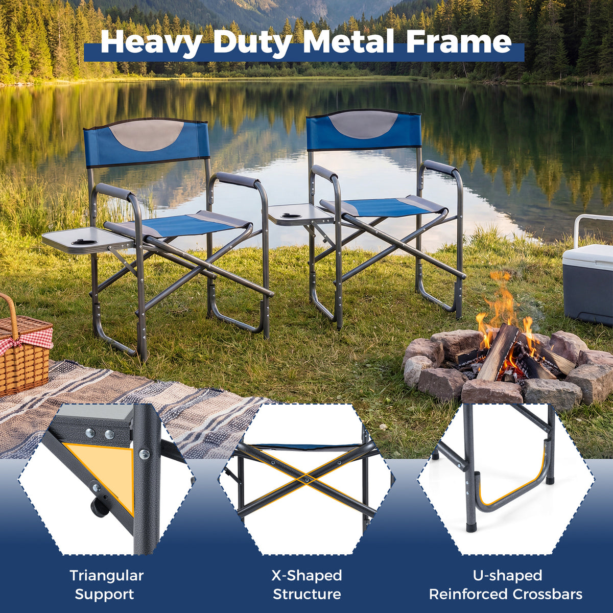 Lightweight Portable Directors Chair with Side Table and Cup Holder-Blue