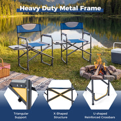 Lightweight Portable Directors Chair with Side Table and Cup Holder-Blue