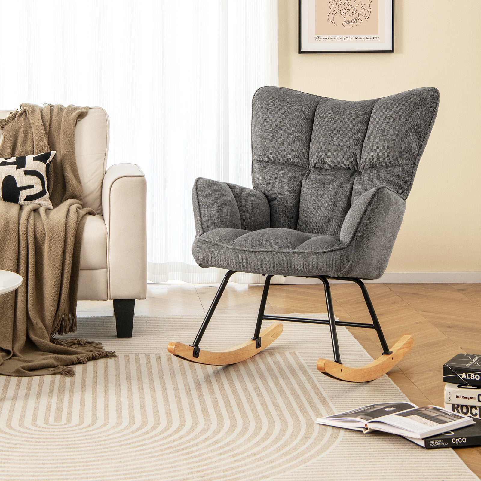 Linen Nursery Rocking Chair Modern Rocking Accent Chair with High Backrest-Grey