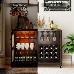 Liquor Buffet Sideboard with LED Lights and Glass Holders-Rustic Brown