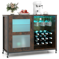 Liquor Buffet Sideboard with LED Lights and Glass Holders-Rustic Brown