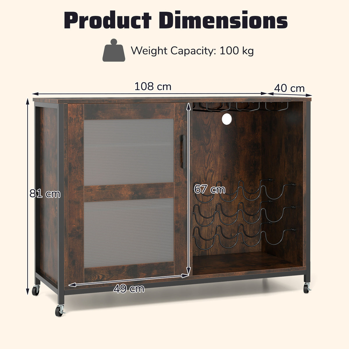 Liquor Buffet Sideboard with LED Lights and Glass Holders-Rustic Brown
