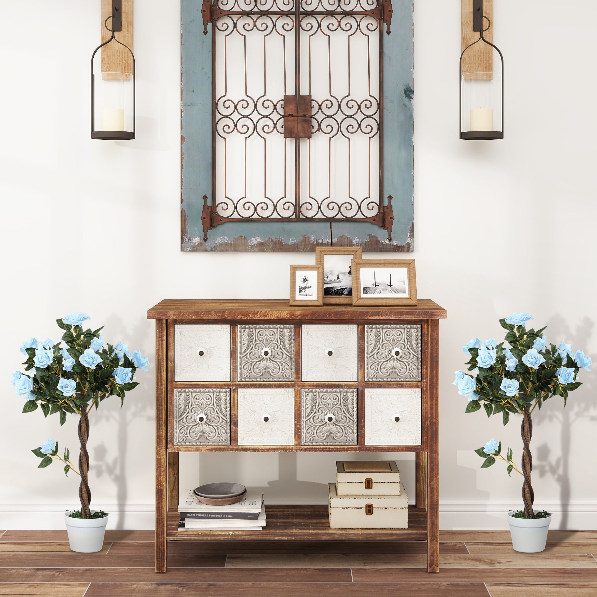 Outsunny Set of 2 Artificial Plants White Rose Floral in Pot, Fake Plants for Home Indoor Decor, 90cm, Light Blue