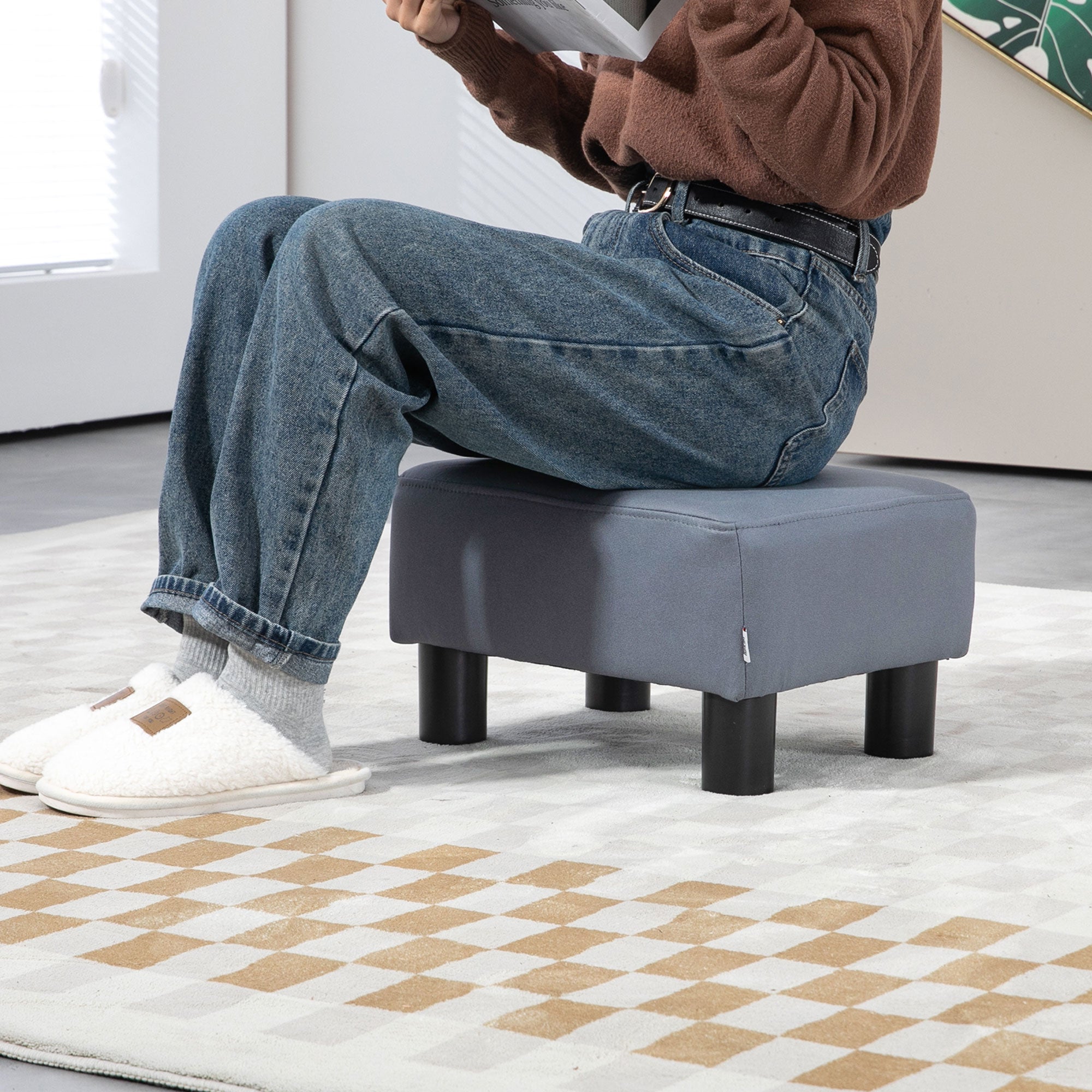 HOMCOM Microfiber Cloth Footstool, Small Foot Rest, Rectangle Sofa Stool for Bedroom Living Room, Grey