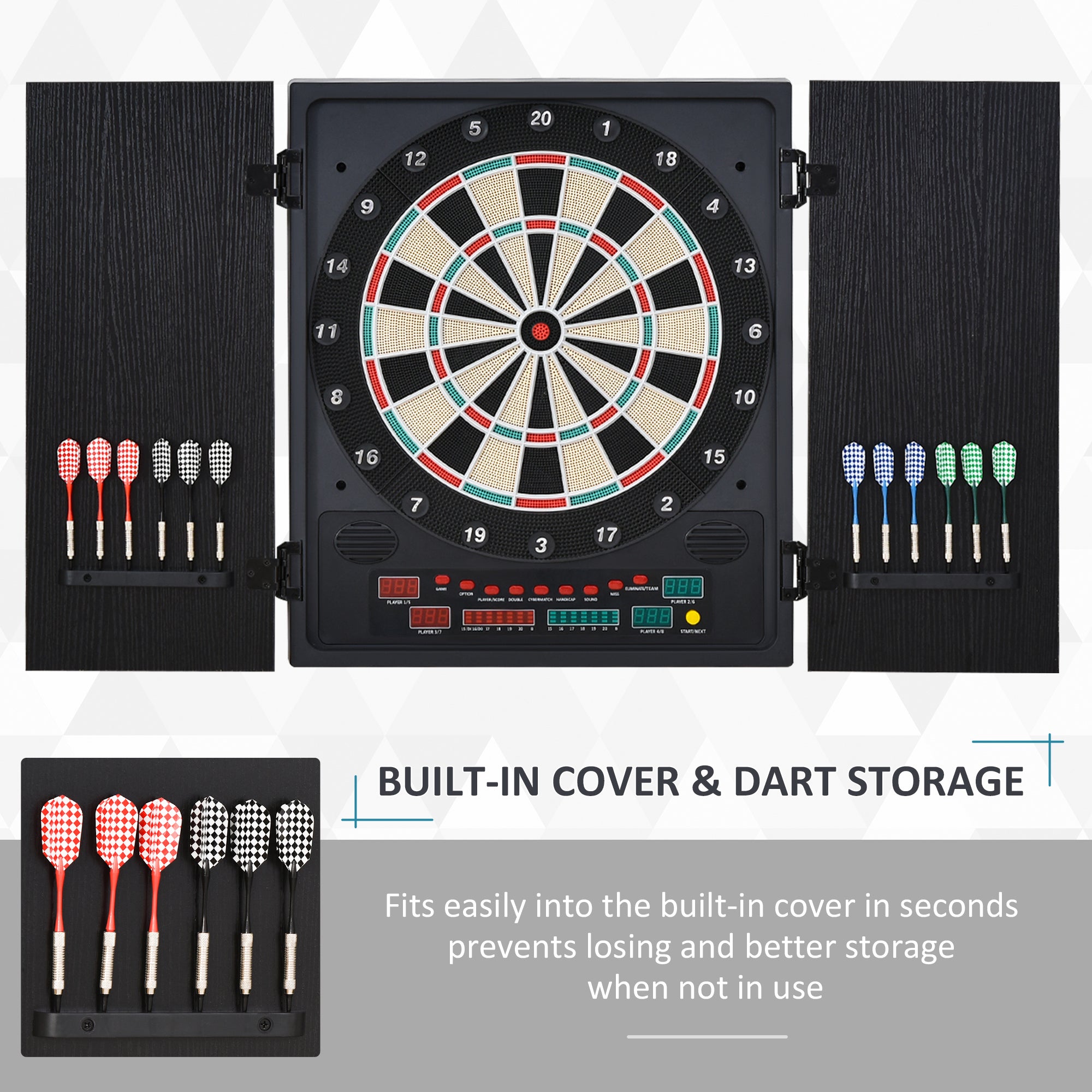 HOMCOM Electronic Dartboard Set, 27 Games Modes and 202 Variations, LED & 12 Soft Tip Darts and Cabinet to Storage, Ready-to-Play Multi-Game Option Darts Machine