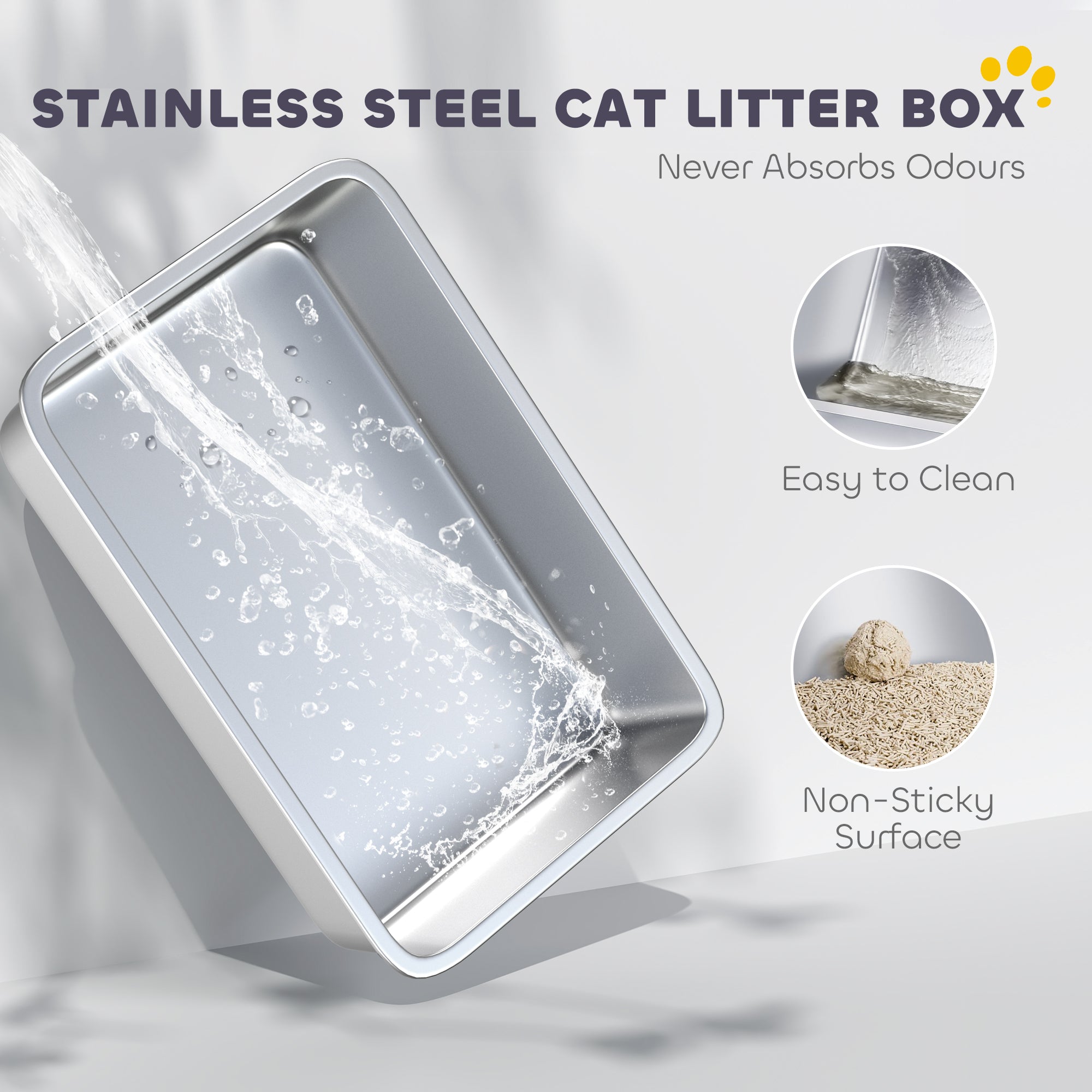 PawHut XL Stainless Steel Cat Litter Box with High Sides, Metal Scoop, 60 x 40 x 30 cm