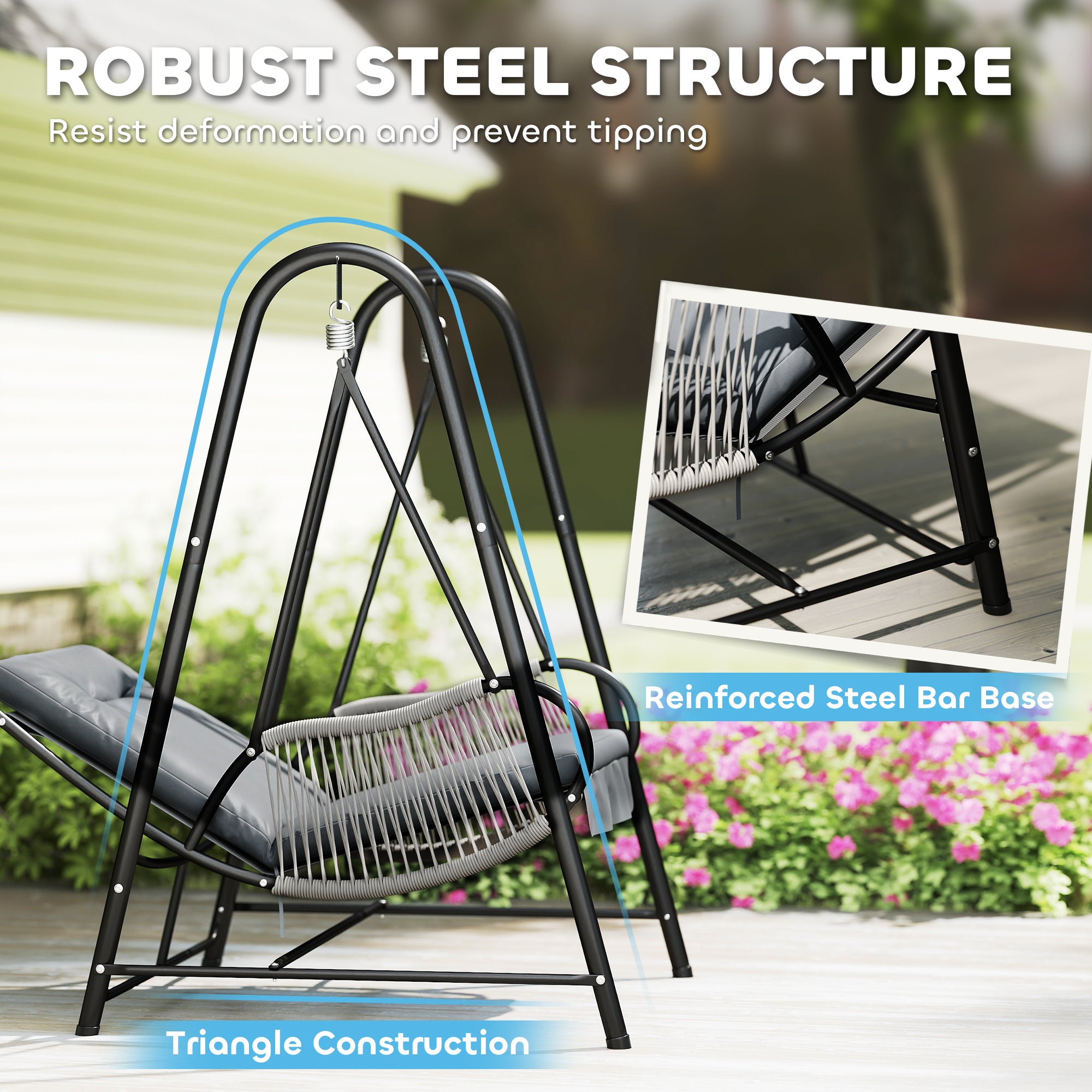 Outsunny Rattan Swing Chair, Outdoor Garden Hanging Swing Seat with Stand and Seat Cushion, Porch Hanging Chair for Balcony, Garden, Deck, Light Grey