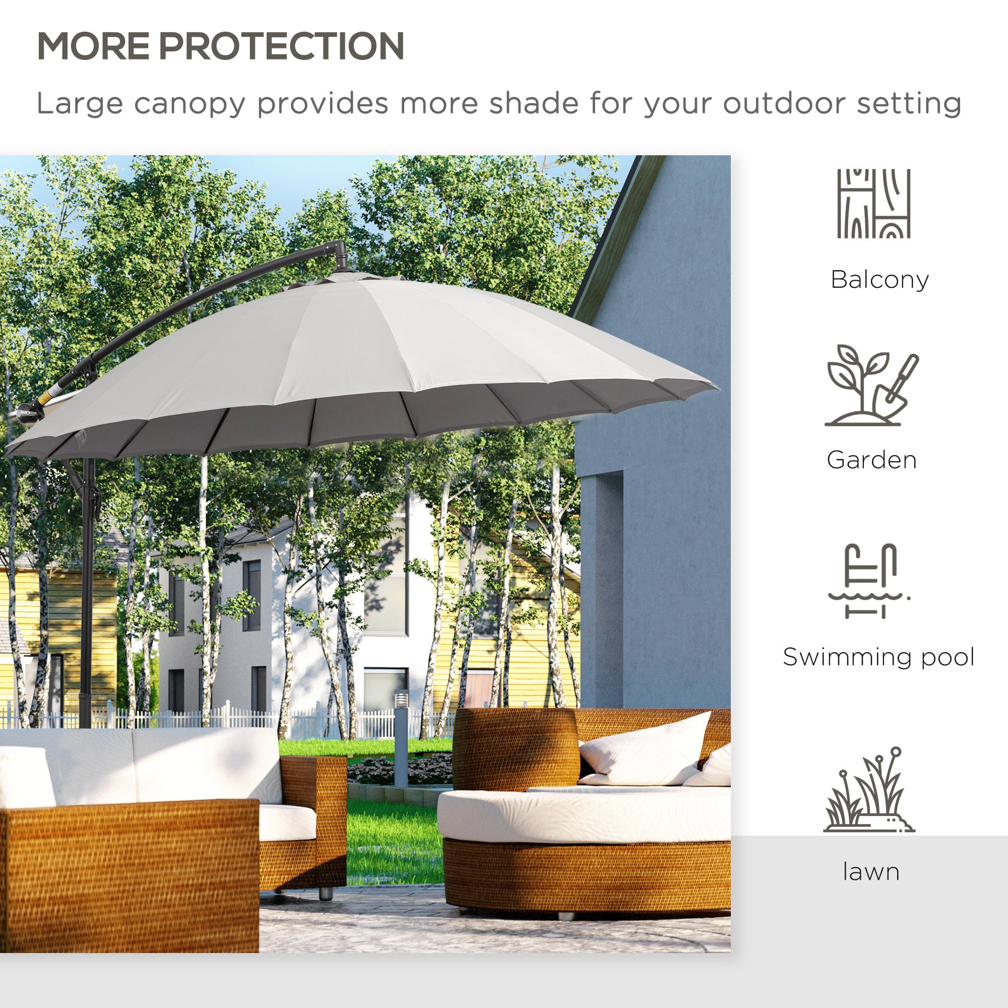 Outsunny 3(m) Cantilever Umbrella 18 Ribs & Vents Adjustable Angle for Patio Light Grey