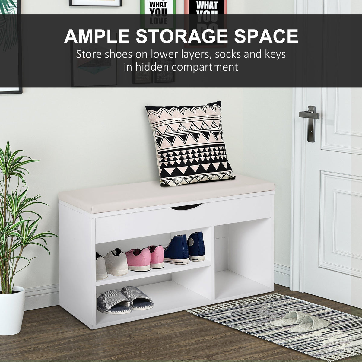HOMCOM Wooden Shoes Cabinet Bench Hidden Storage Padded Seat Organiser Footwear Rack Hallway White 80 x 30 x 47 cm