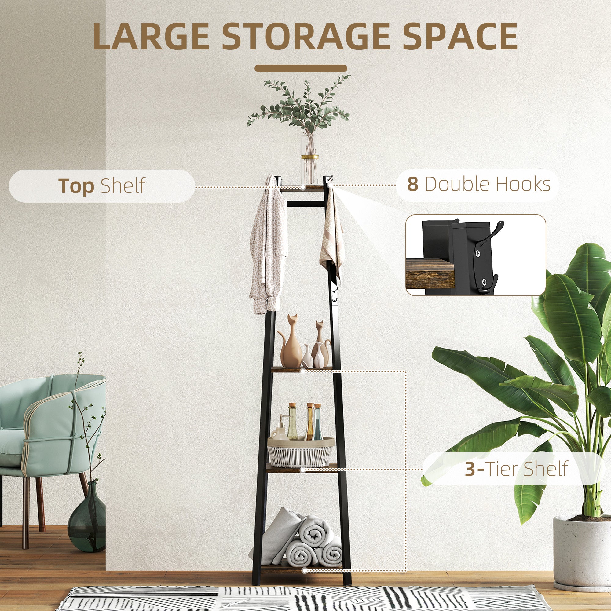 HOMCOM Compact Freestanding Coat Rack - Black/Brown