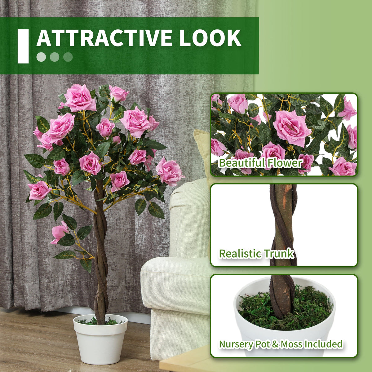 Outsunny Set of 2 Artificial Plants White Rose Floral in Pot, Fake Plants for Home Indoor Decor, 90cm, Purple