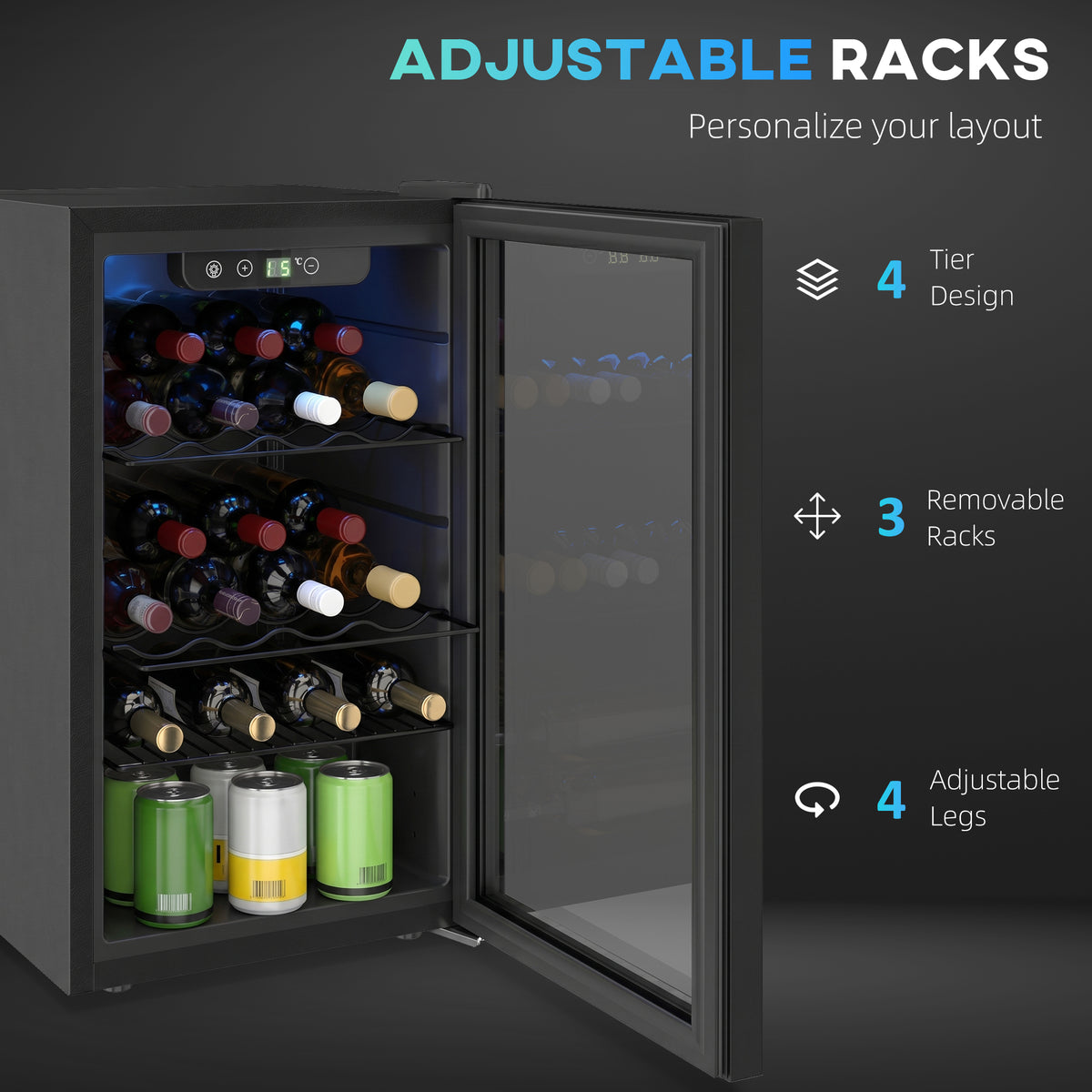 HOMCOM 24 Bottle Wine Cooler, 68 Litre Capacity, 4-16°C Freestanding Drinks Wine Fridge with Glass Door, Black