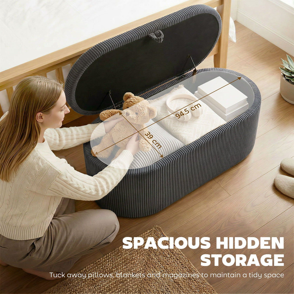 HOMCOM Storage Ottoman, Corduroy Upholstered Ottoman Storage Box with Padded Seat, 105 x 51 x 49 cm, Dark Grey