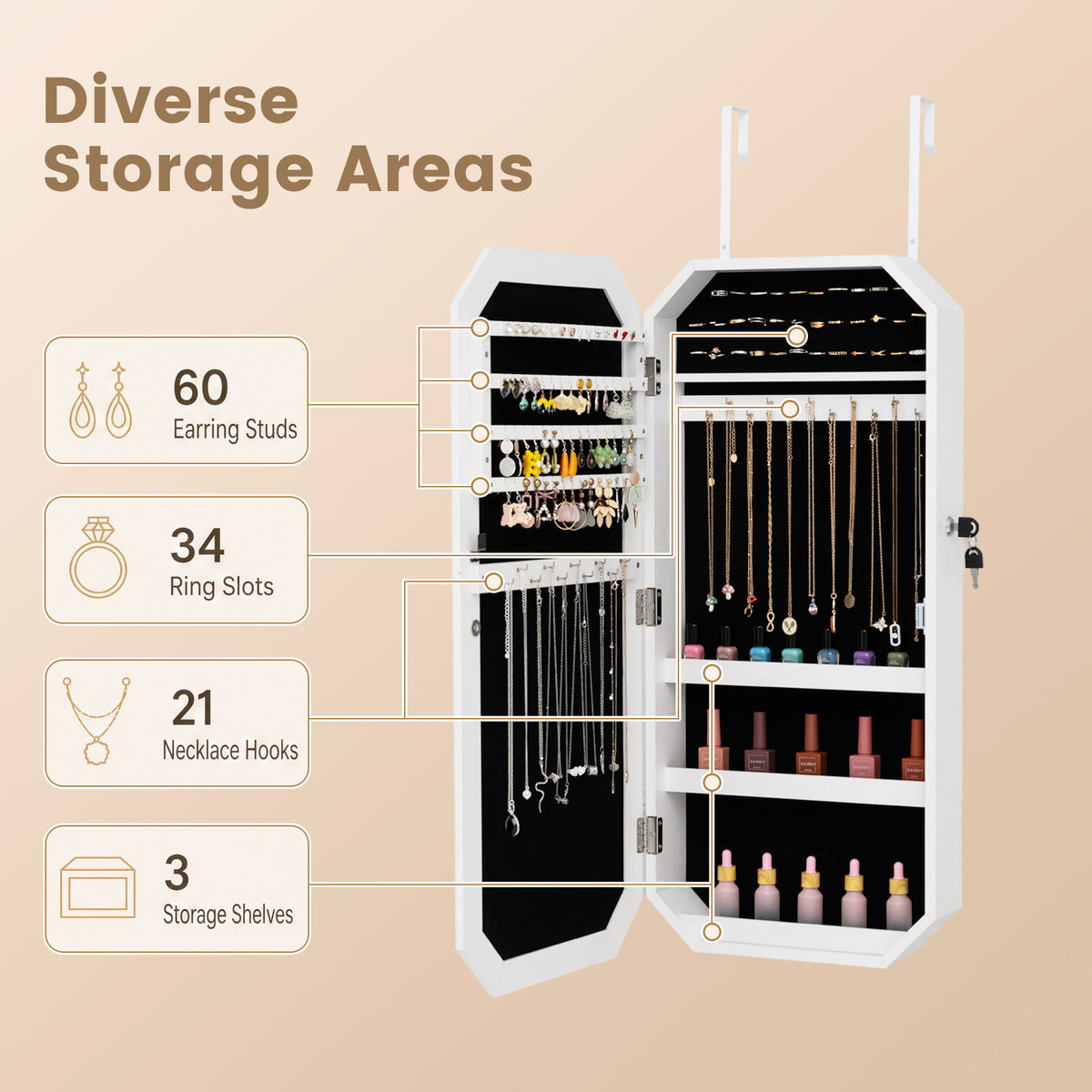 Lockable Full-Length Mirror Jewelry Cabinet with Storage Shelves for Bedroom-White