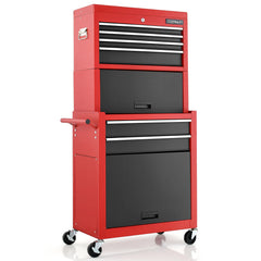 Lockable Tool Storage Cabinet with Handle, Drawers, Wheels and EVA Liner-Red & Black