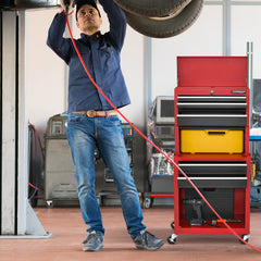 Lockable Tool Storage Cabinet with Handle, Drawers, Wheels and EVA Liner-Red & Black