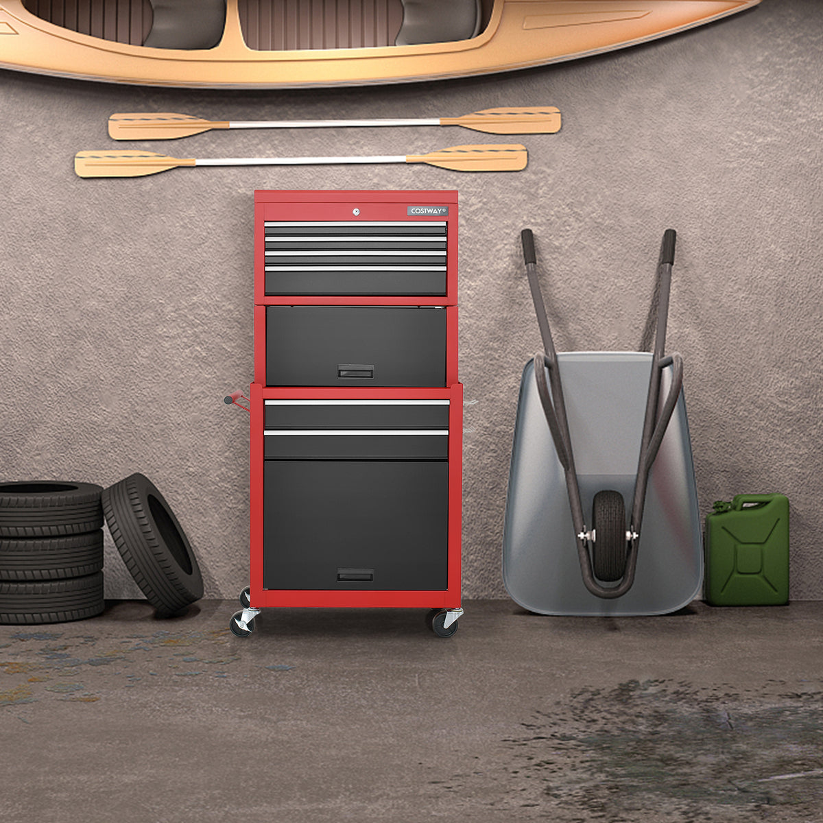 Lockable Tool Storage Cabinet with Handle, Drawers, Wheels and EVA Liner-Red & Black