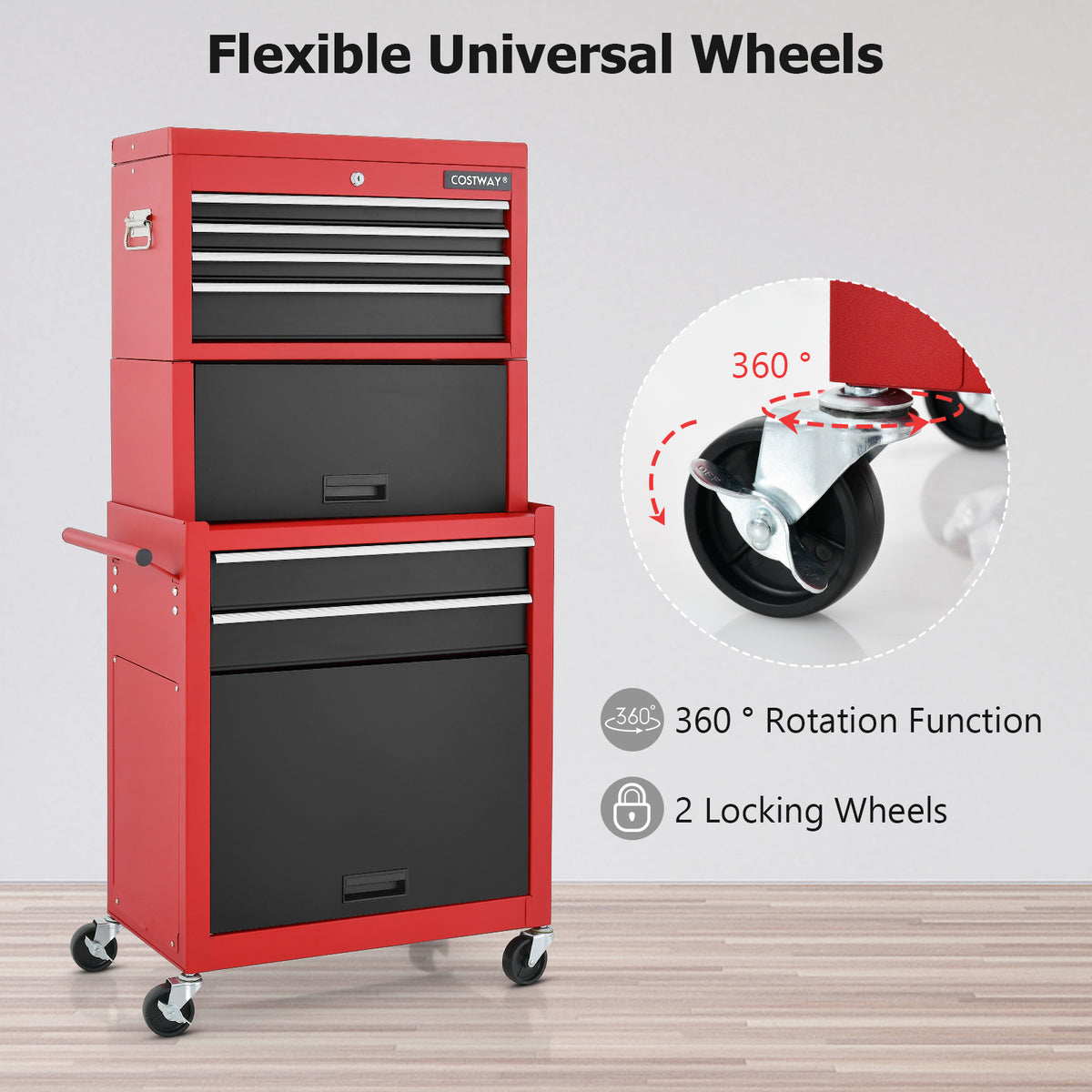 Lockable Tool Storage Cabinet with Handle, Drawers, Wheels and EVA Liner-Red & Black