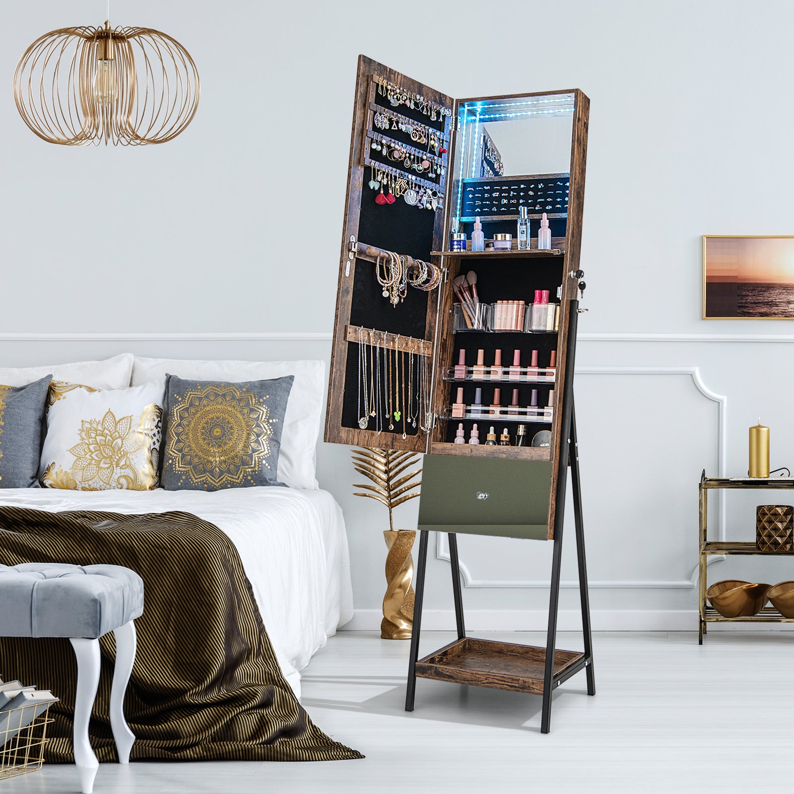 Lockable Freestanding Jewelry Cabinet Armoire with Full-Length Frameless Mirror-Rustic Brown