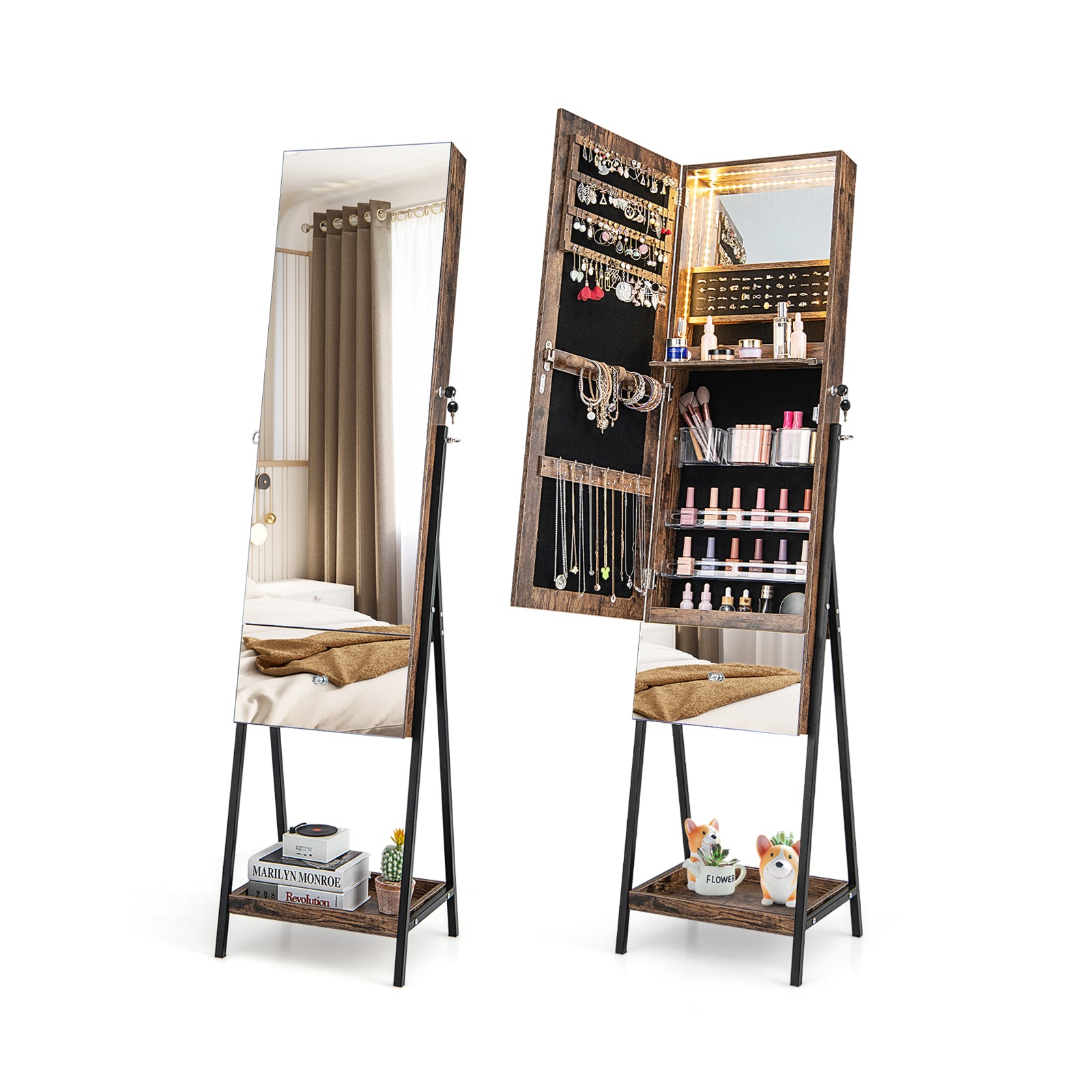 Lockable Freestanding Jewelry Cabinet Armoire with Full-Length Frameless Mirror-Rustic Brown