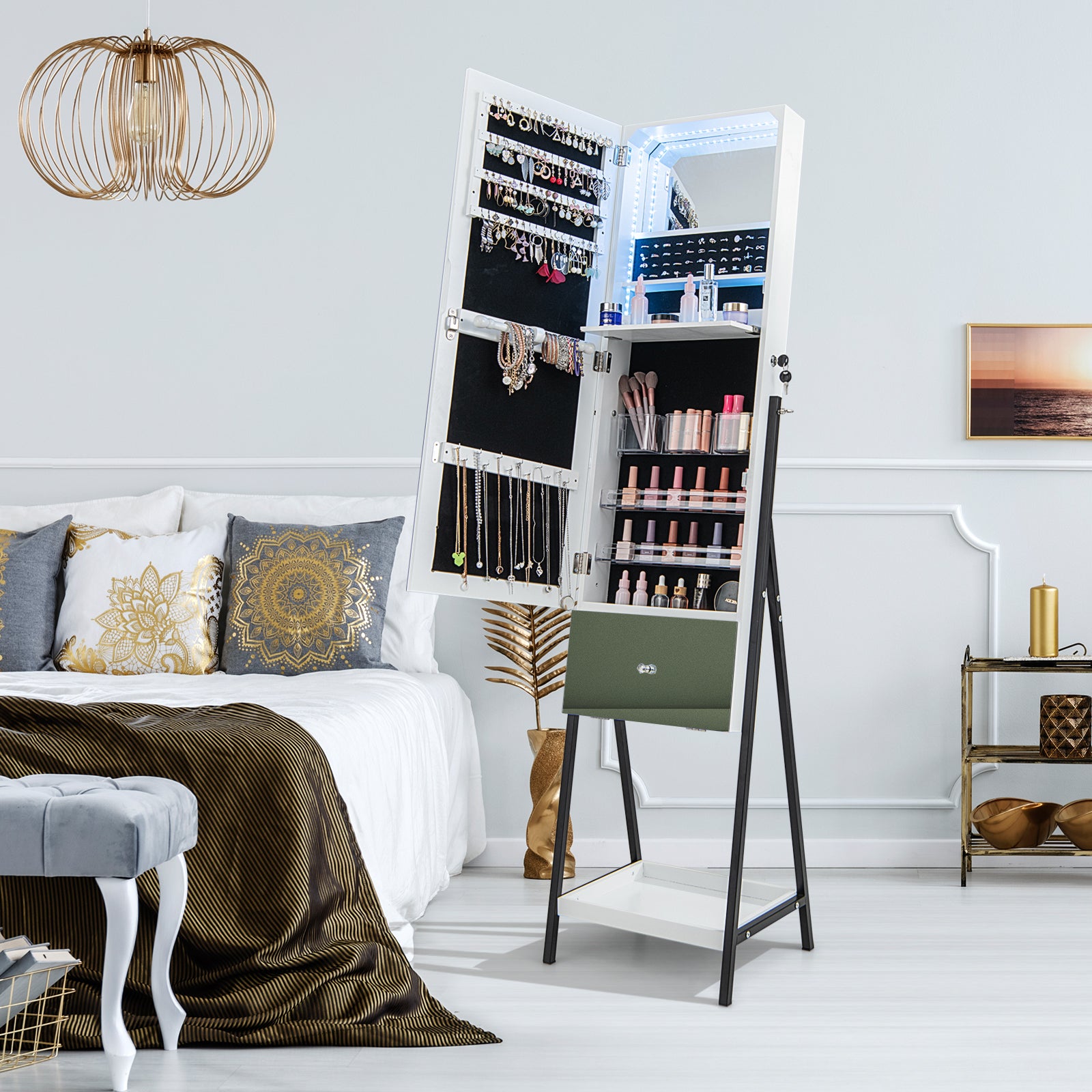 Lockable Freestanding Jewelry Cabinet Armoire with Full-Length Frameless Mirror-White